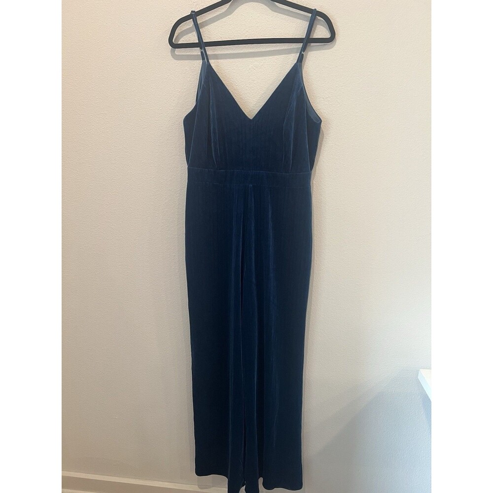 4SI3NNA Velour Wide Leg Ribbed Strappy Jumpsuit Women L Blue Silver Thread